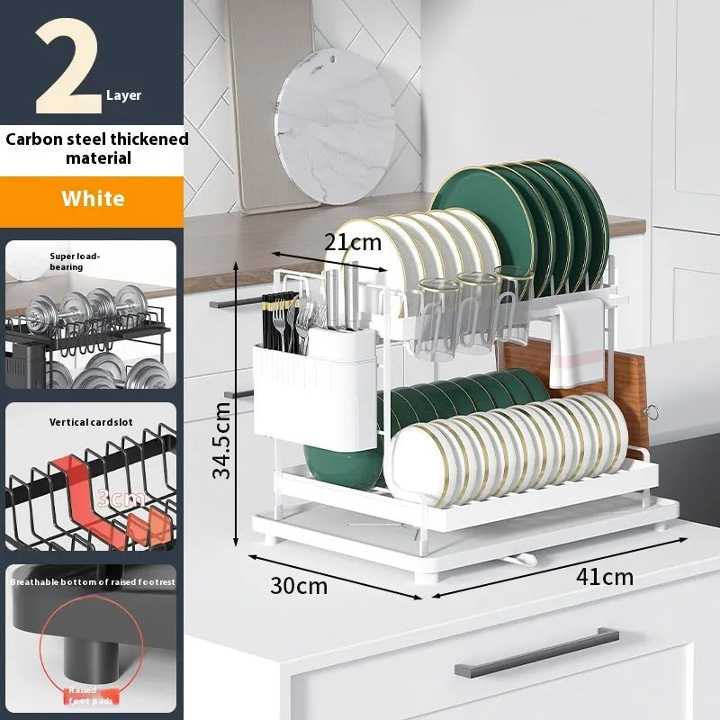White and black double-layer removable kitchen storage rack made from carbon steel.