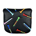 Black golf putter protective sleeve with rocket pattern square design on putting green