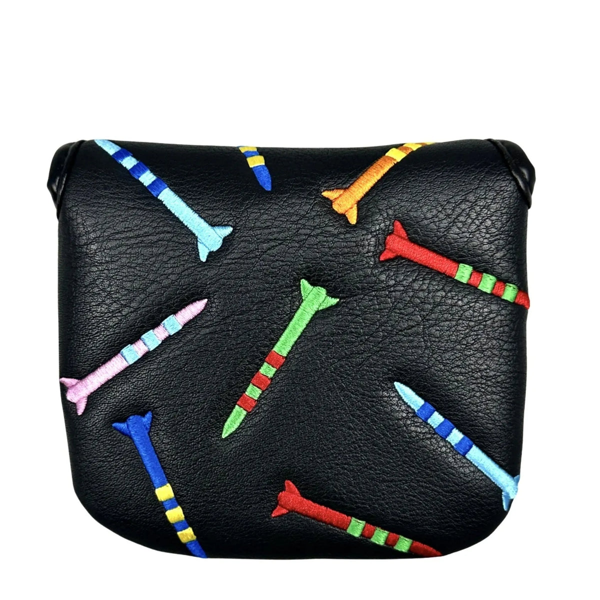 Black golf putter protective sleeve with rocket pattern square design on putting green
