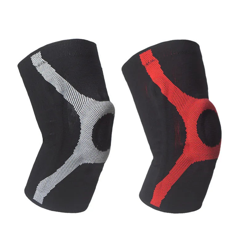 Grey and red silicone non-slip sports kneecaps for running and climbing.