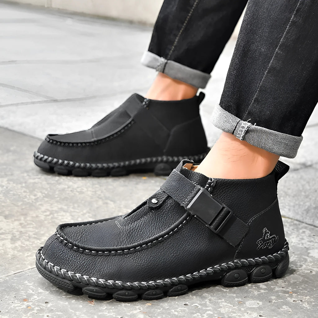 Handmade stitching casual flat bottom slip-on shoes in black, green or brown colours