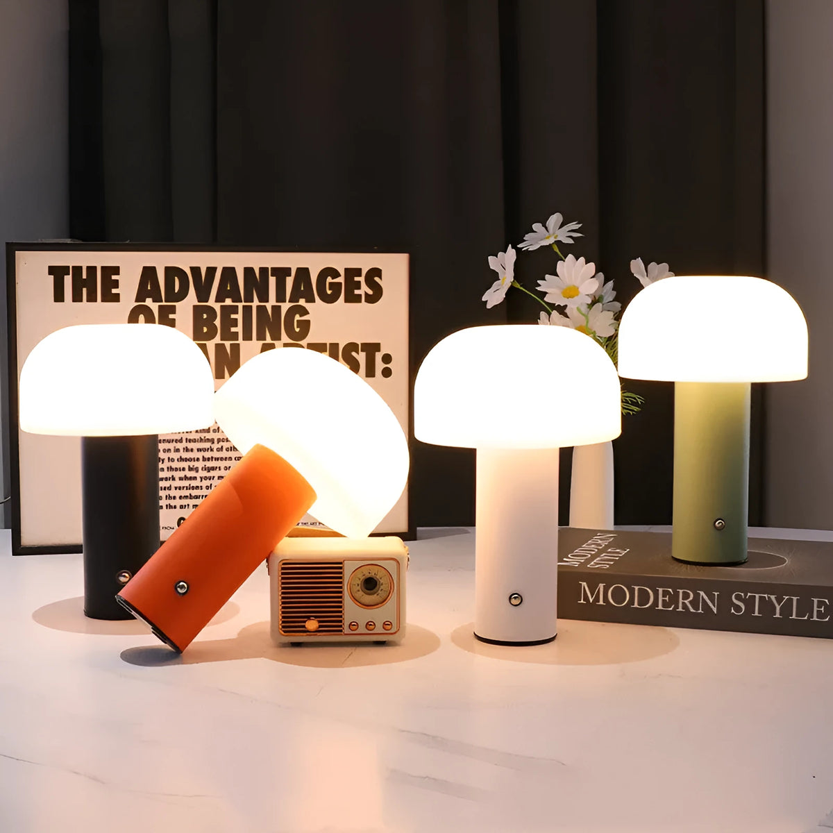 Atmosphere table lamp with USB charging port and plug-in power in black, green, orange, or white colour options