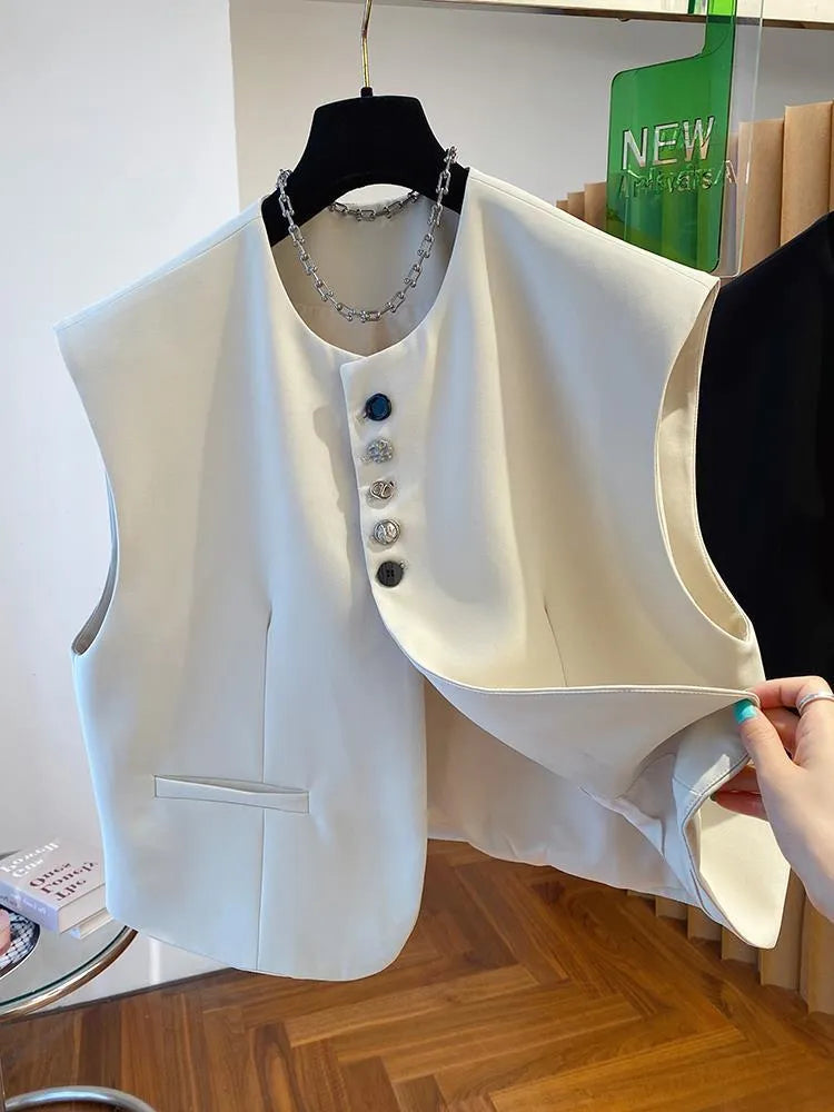Beige loose-fitting short waistcoat dress with a chest pocket on a hanger.