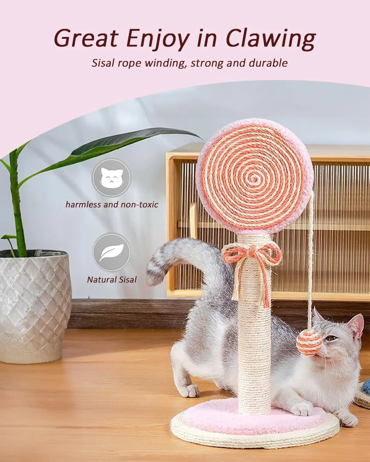 Blue cat scratching post with natural sisal rope and a hanging yellow ball toy on a stable wooden base.