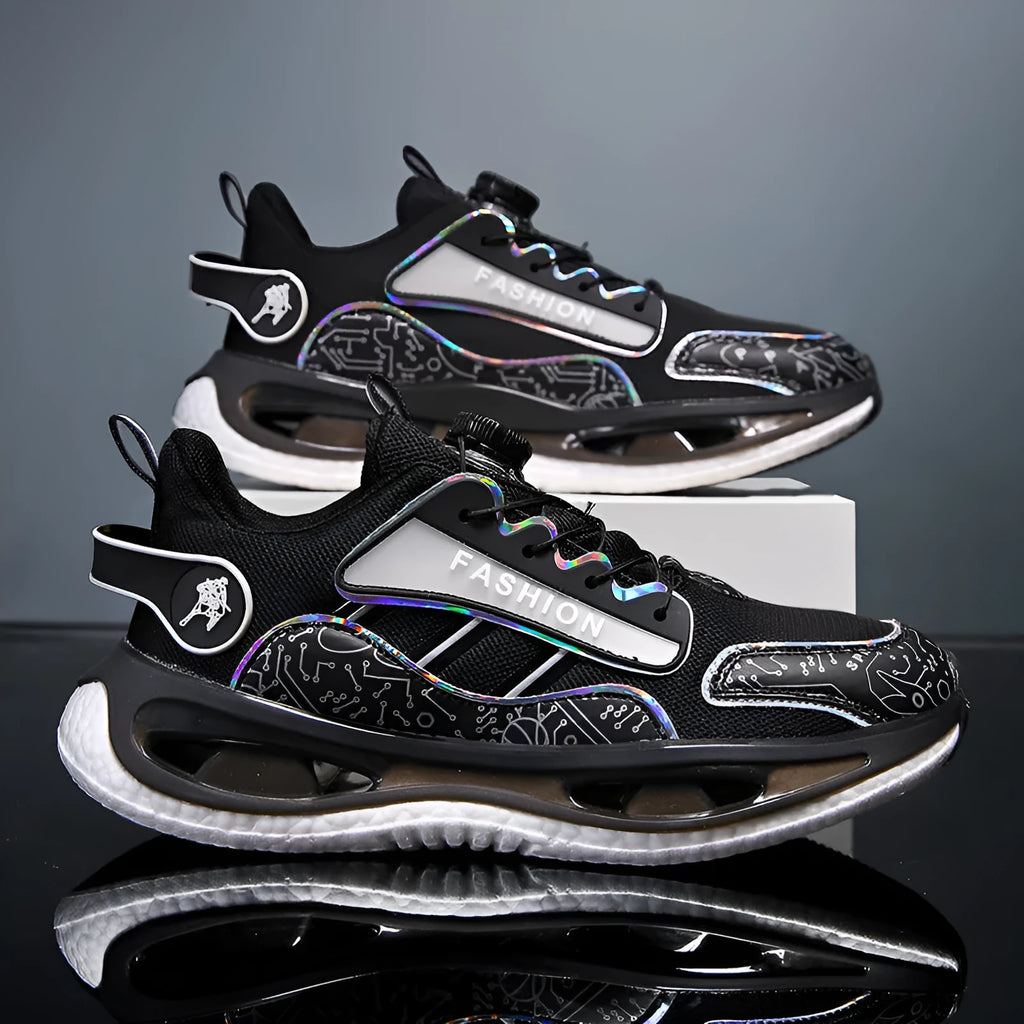 Men's low-top mesh sports shoes in black with elastic band fastening and a textured popcorn TPU sole.