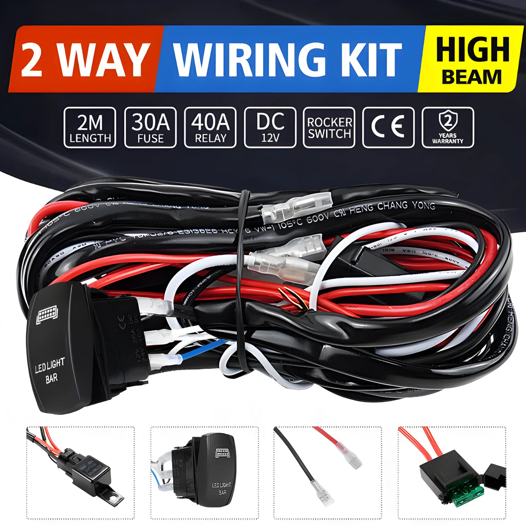 Black off road LED spotlight wiring harness with switch for light bar installation