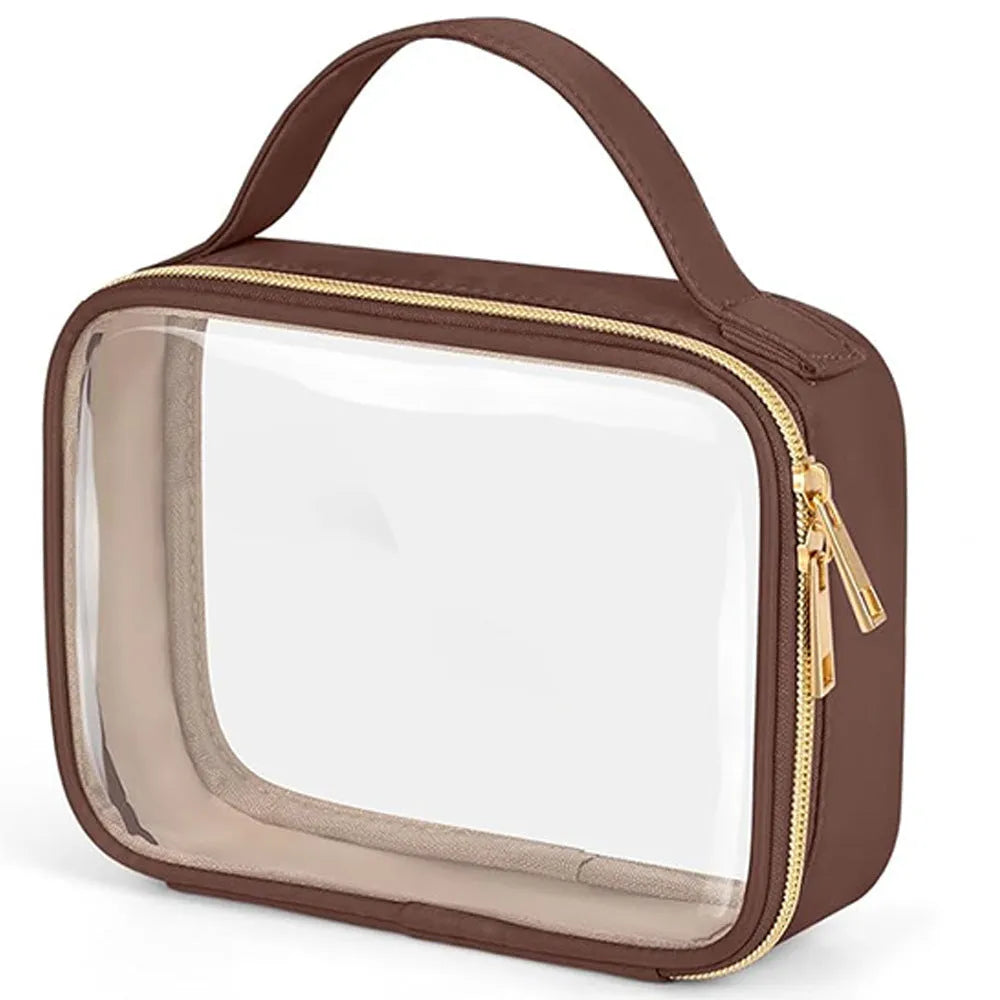 Transparent PVC wash bag with chain handle storing lipsticks and cosmetics