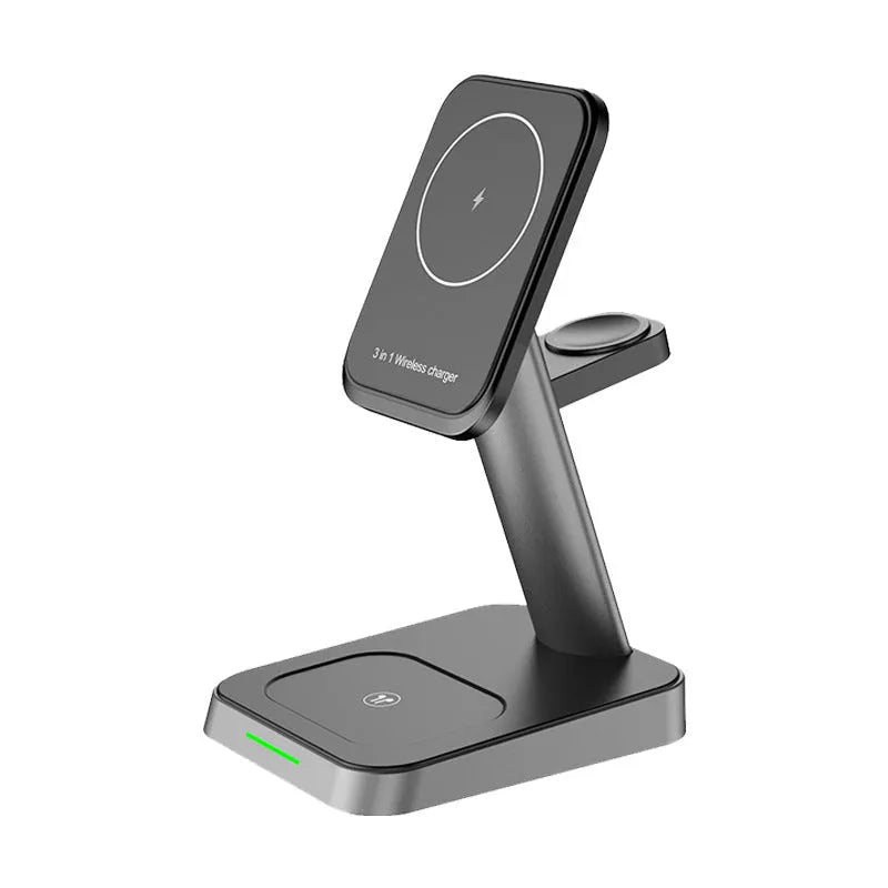 Black vertical wireless charging station with phone dock, watch cradle, and 10000mAh power bank