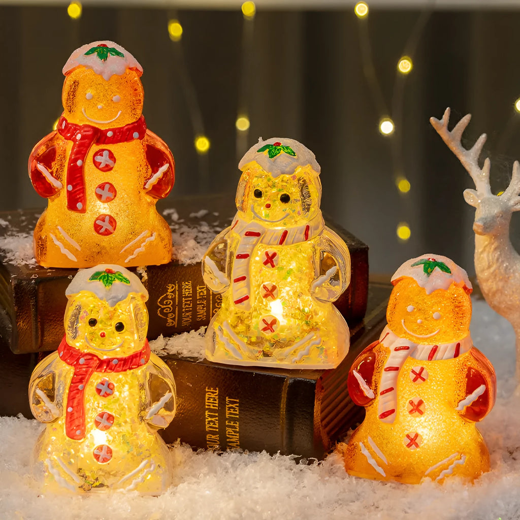 Glowing plastic gingerbread man and snowman Christmas tree ornament with coloured scarf