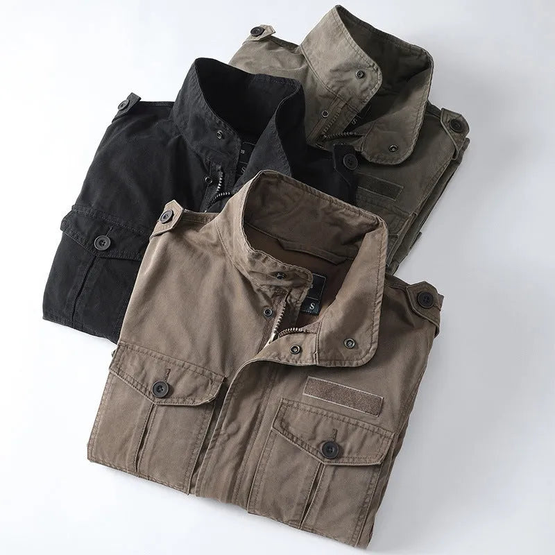 Men's loose-fit cotton twill jacket in light coffee brown colour with a front zip.