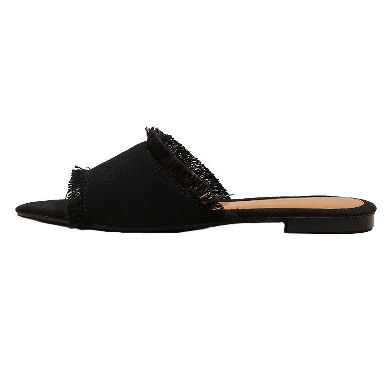 Women's denim slippers with tassel decoration in apricot colour