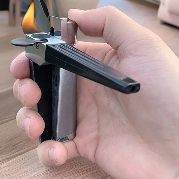 Metal folding pipe lighter with stash compartment in silver finish, showing open and closed positions