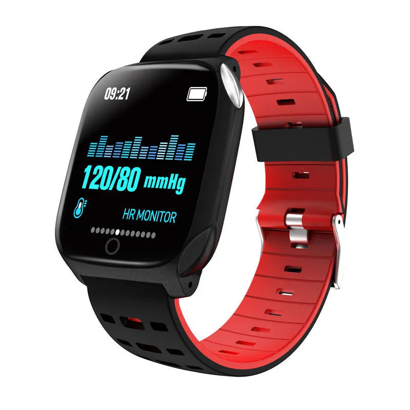 F16 Smart Watch with ECG monitor on a silicone wristband, showing the IPS display and touch-button controls.