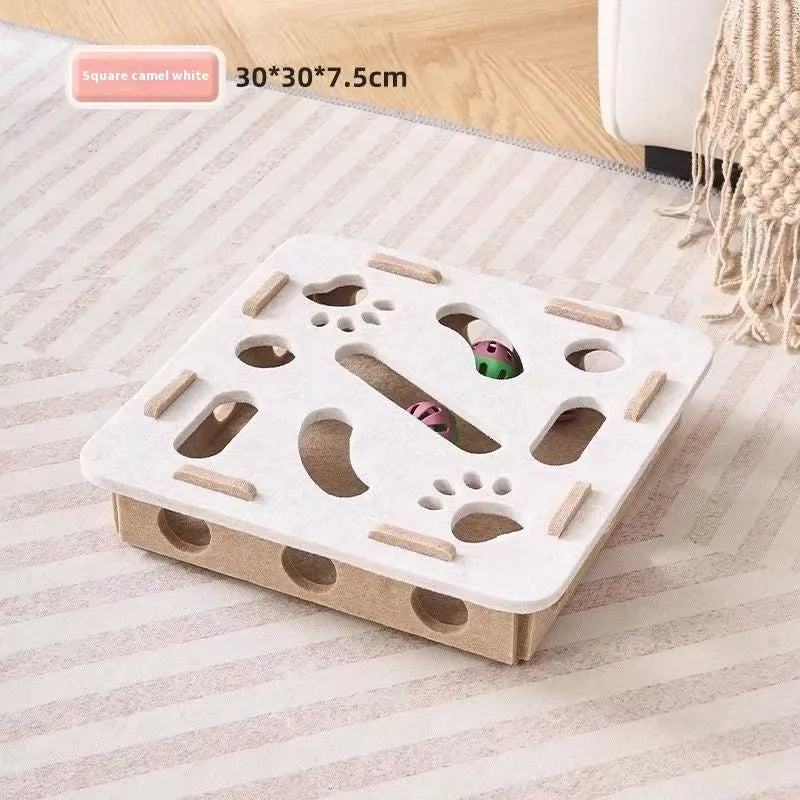 Felt cat toy box with hole in green brown or camel white measuring 30x30x7.5cm for pet play