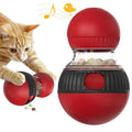 Rotating plastic cat toy with food dispensing ball showing sound effects feature and compact design
