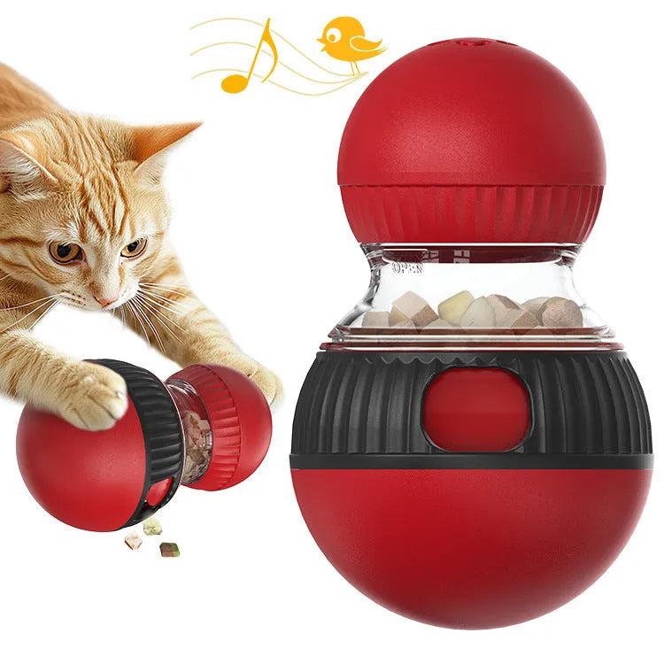 Rotating plastic cat toy with food dispenser, super ball, and sound feature.
