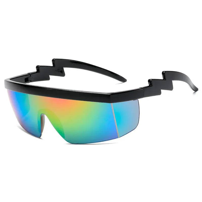 One-piece sports sunglasses with lightning leg design, shown in a black frame with blue lens option.