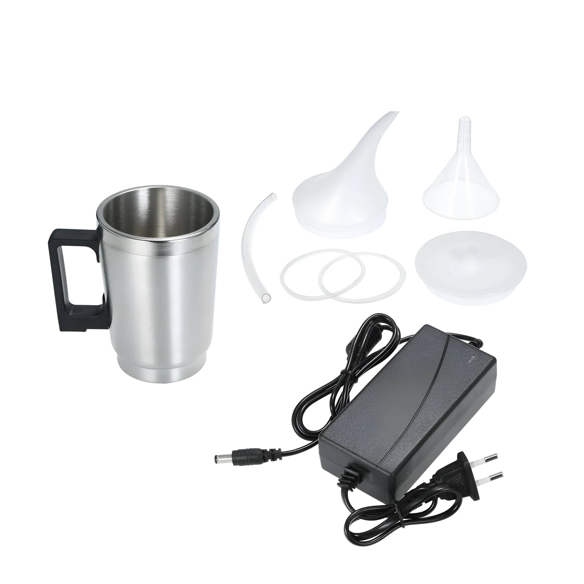 Stainless steel automobile headlamp polishing cups with elbow cover and power adapters.