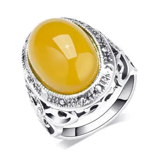 Geometric fluorescent beeswax alloy electroplated ring in antique silver amber colour