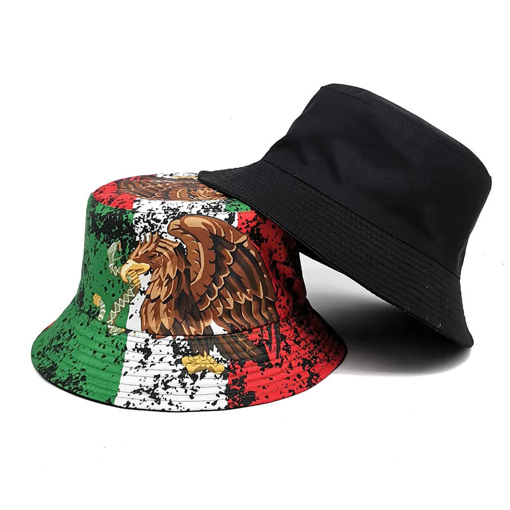 Polyester bucket hat with eagle pattern design and dome crown shape