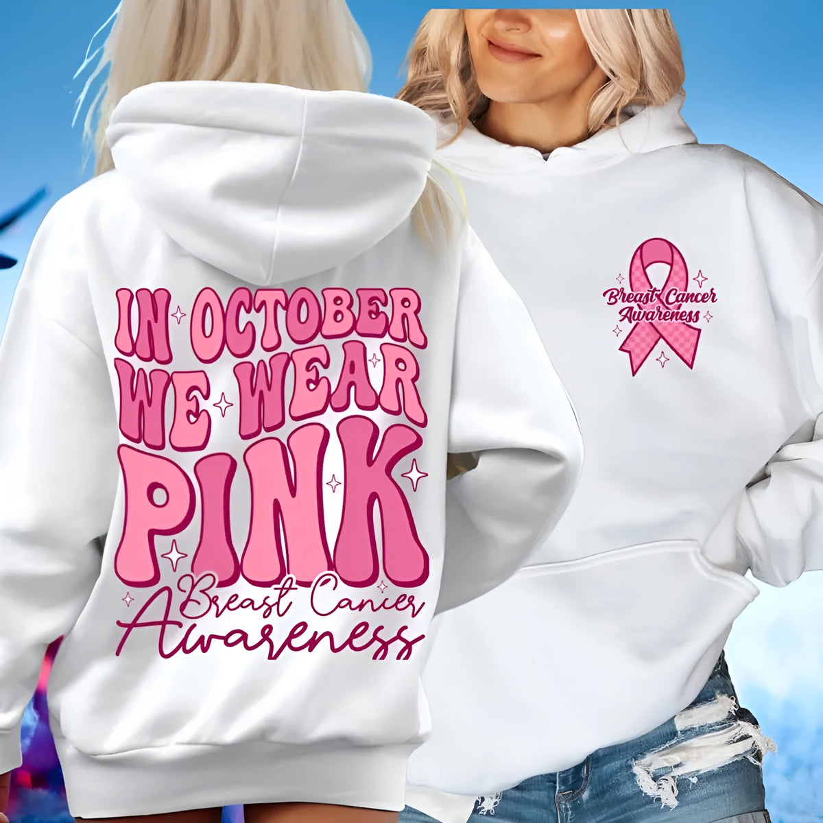 Breast cancer awareness pullover hoodie with retro hot stamp design and side seam pocket.