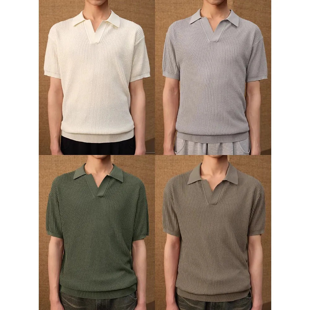 Men's loose-fit ice silk polo shirt with striped collar in grey