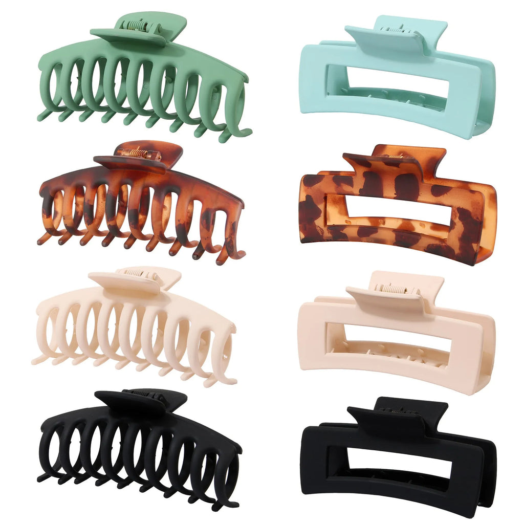 Six nude and rose red plastic hair clips with frosted grip and quadrilateral pointed toe style