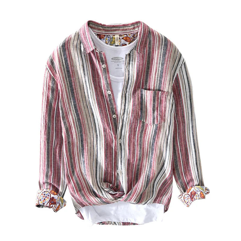 Men's striped linen shirt in red or grey colours with long sleeves and loose fit