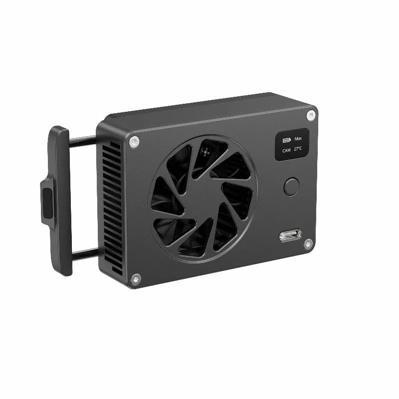 Black aluminium alloy cooling radiator fan unit showing compact dimensions and construction