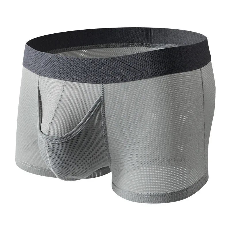 Men's ice silk boxer shorts in black colour showing low-waist design and mesh fabric texture