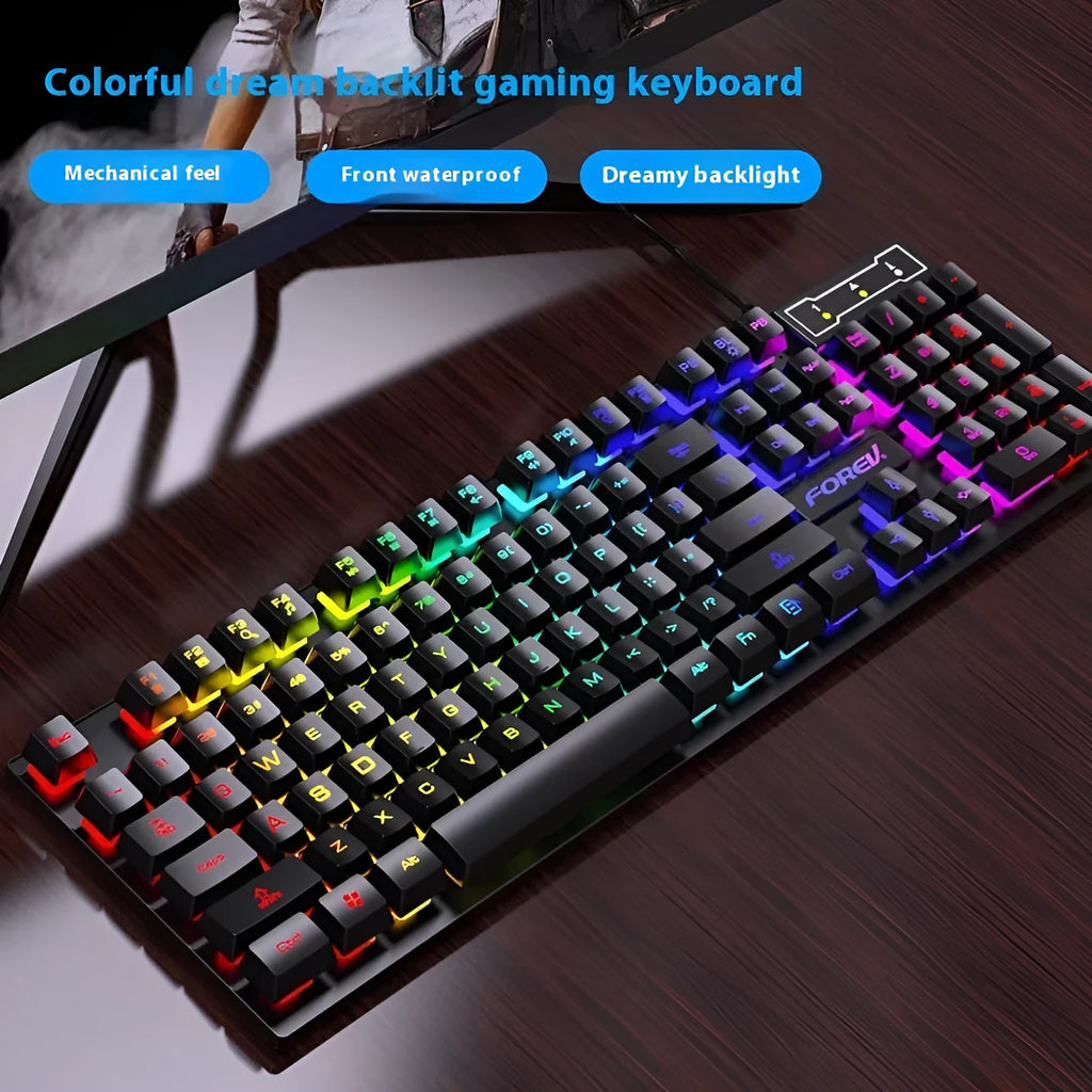 Black gaming keyboard and mouse combo with backlight illumination showing 104-key layout
