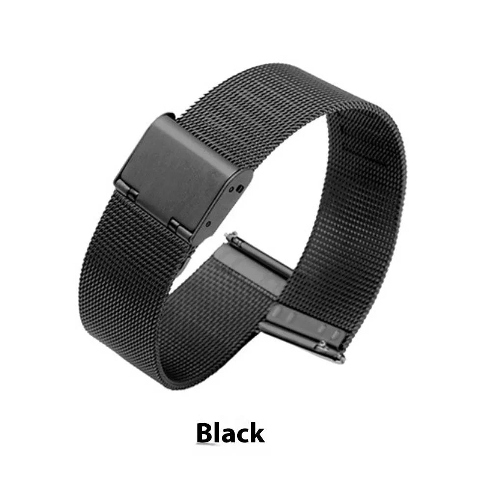 Silk woven stainless steel watch replacement band showing silver, black, rose gold, and gold colour options