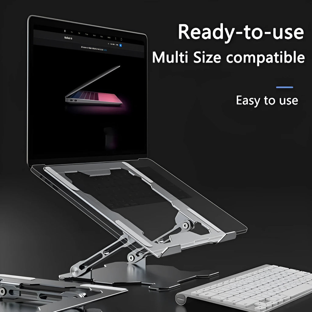 Grey adjustable aluminium laptop stand showing hollow construction and silicone protection pads