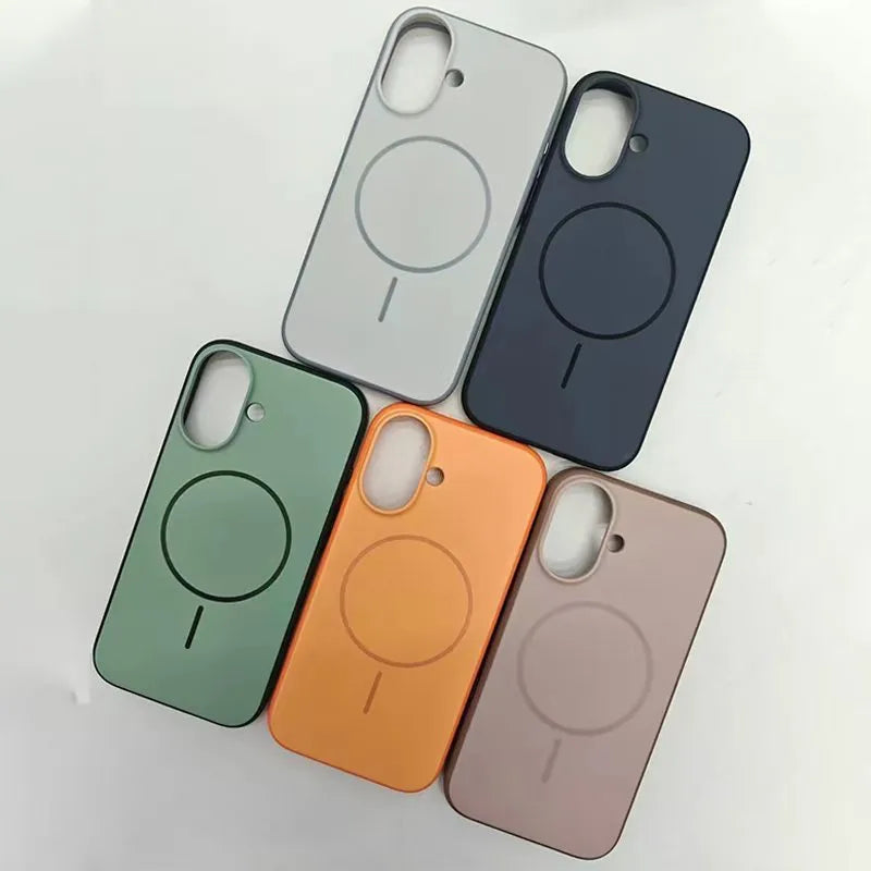 Blue frosted magnetic iPhone case with a contrasting AI camera button on the side.