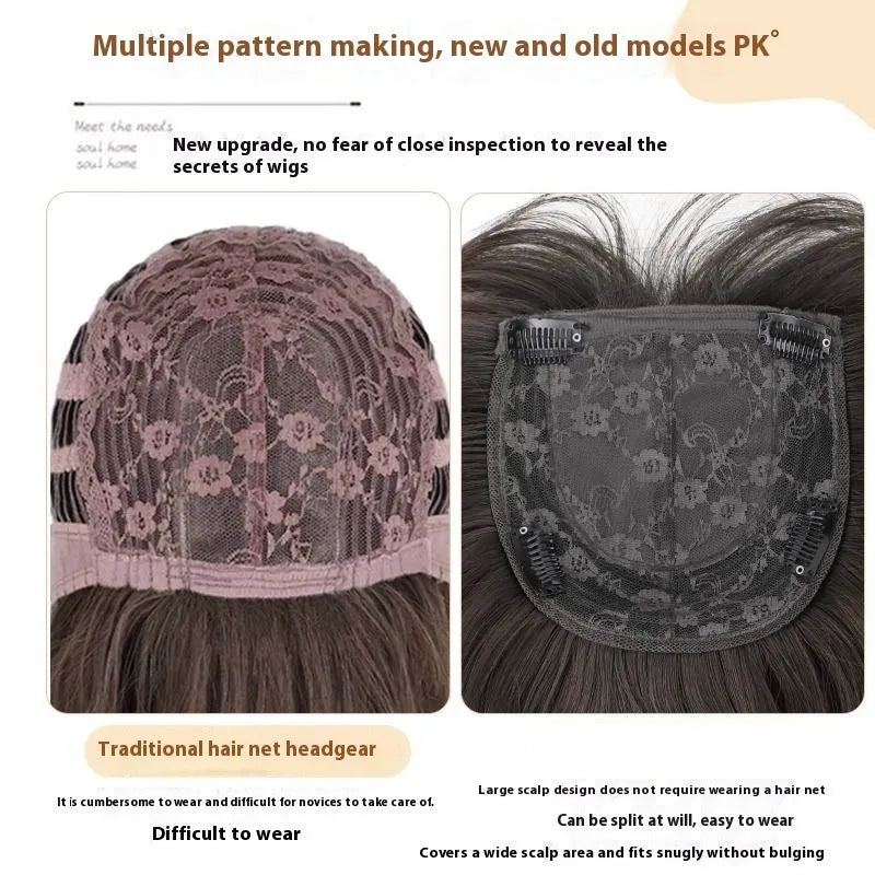 Black long straight synthetic wig with layered styling on a wig stand showing full-head coverage