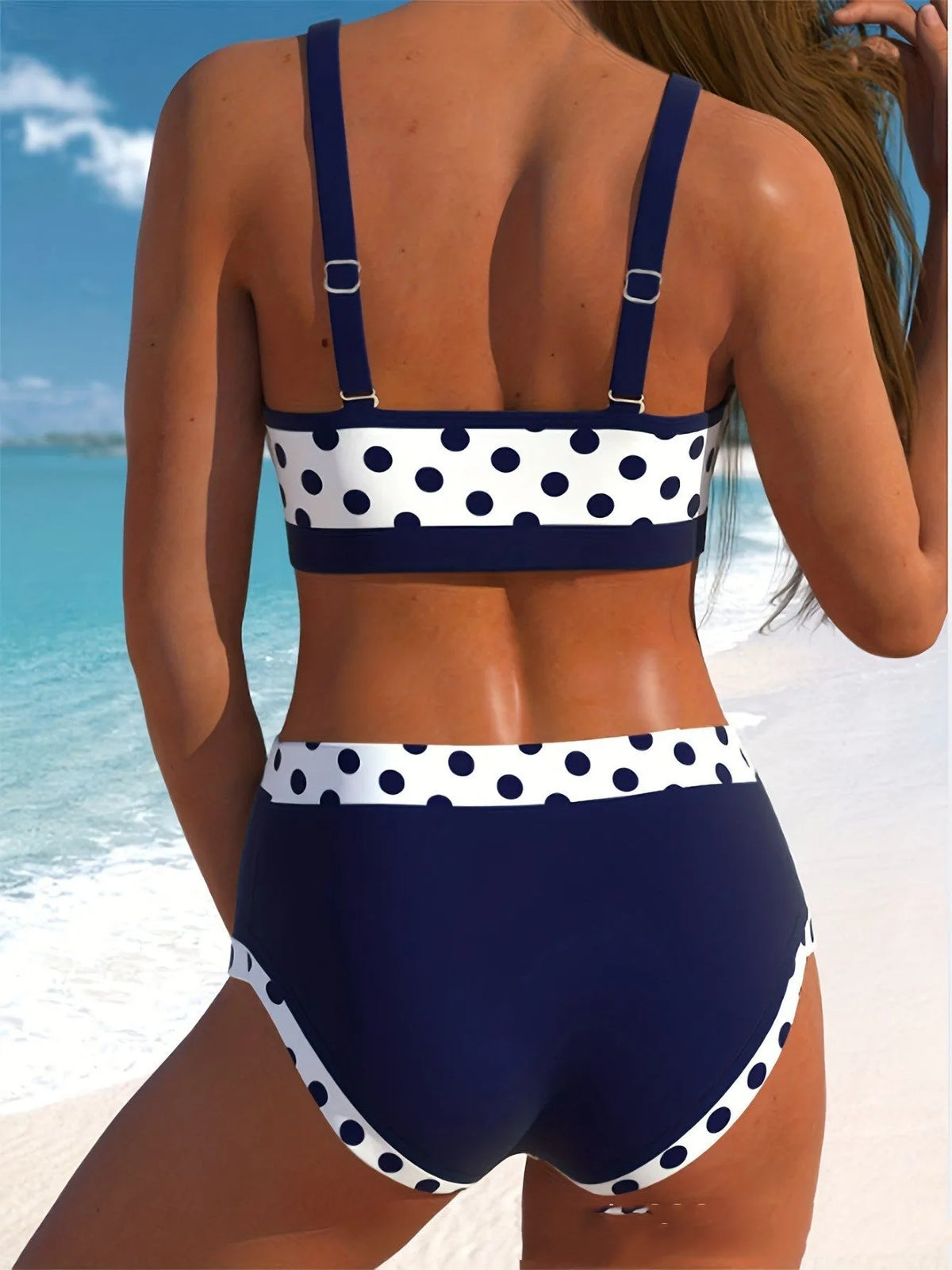 Multicolour small dot pattern split bikini set with high-waisted boxer brief bottoms.