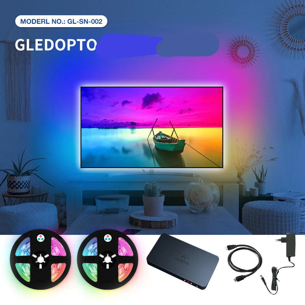 HDMI sync RGB LED light strip and compact junction box for PC and television backlighting.