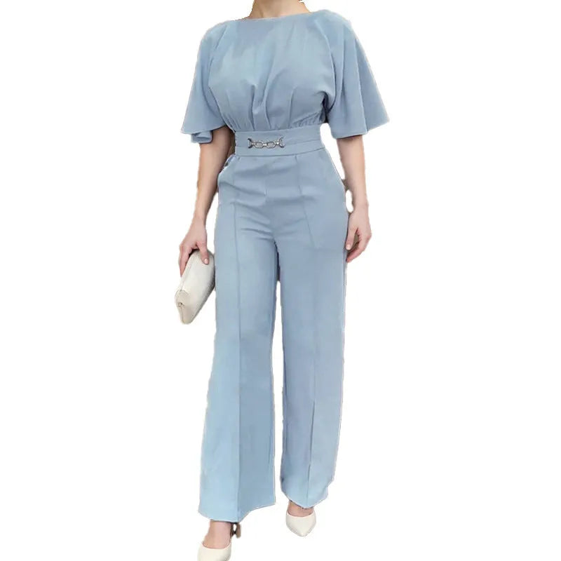 Men's blue polyester casual suit with long sleeve jacket and matching trousers