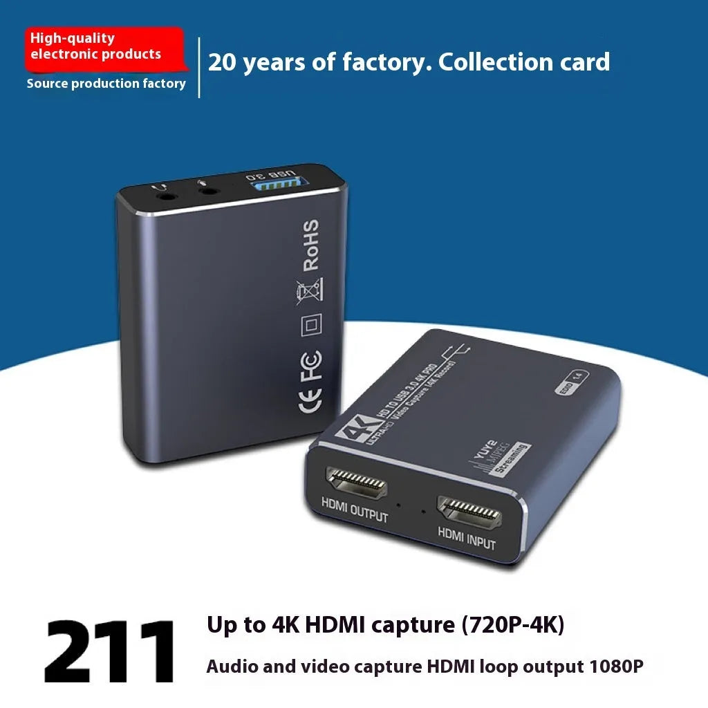 Black 4K set-top box audio recording device with USB data collector for 1080p capture