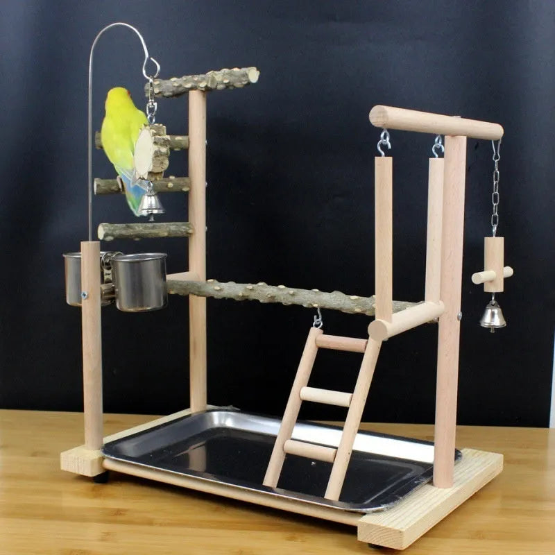 Natural pepper wood parrot toy stand with multiple platforms and a pole for accessories.