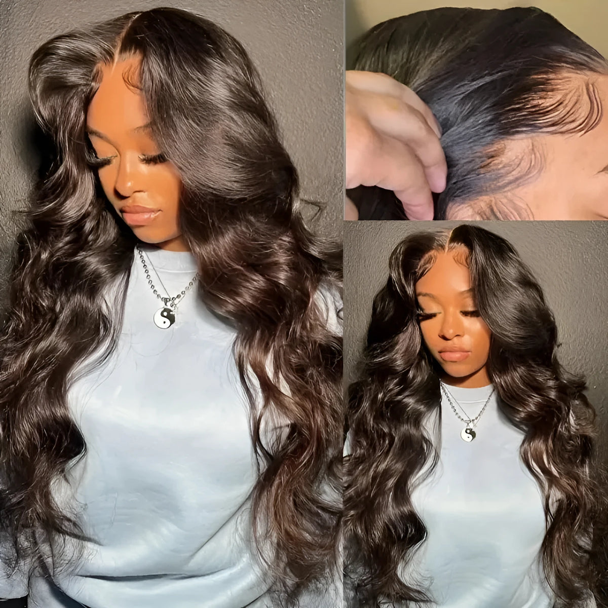 Women's dark brown front lace wig with long curly hair and side bangs in European American fashion style