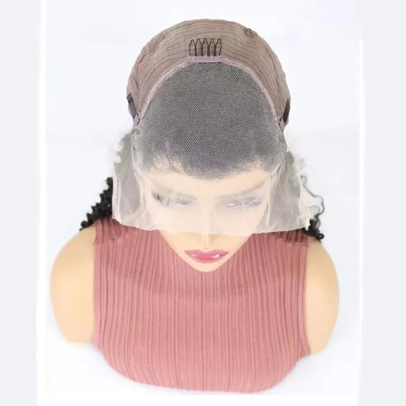 Solid colour half lace human hair wig showing natural hairline, available in lengths from 18 to 34 inches.