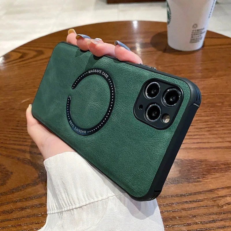 Business magnetic charging iPhone case in imitation leather with anti-fingerprint coating
