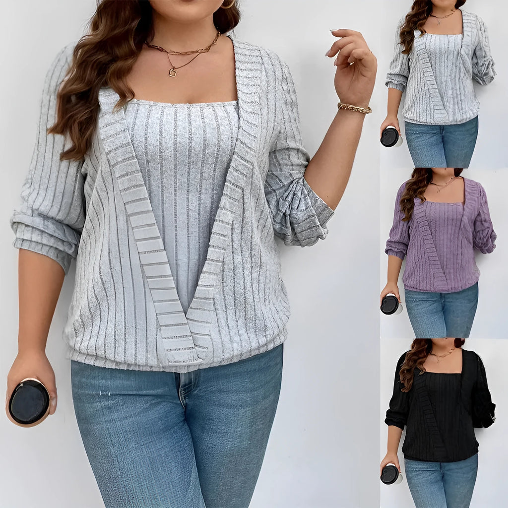 Women's solid colour V-neck long sleeve false two-piece suit in loose fit, shown in grey rib fabric.