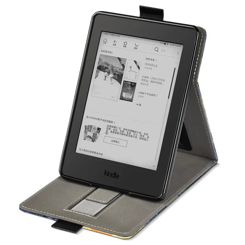 Black TPU Kindle case with bracket frame for 6-inch Youth and Paperwhite models on a table.