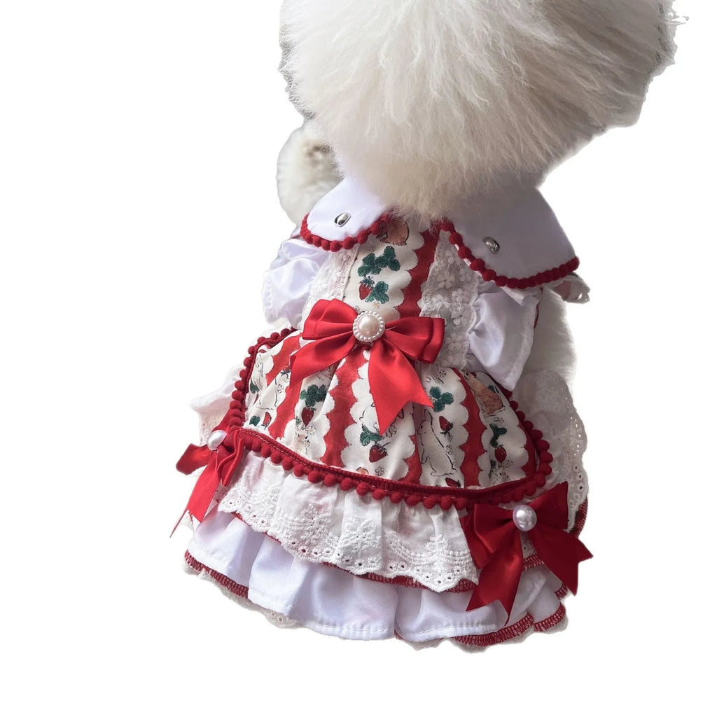 Princess style rabbit skirt dog dress made of polyester for small dogs, shown in sizes XS to XL.