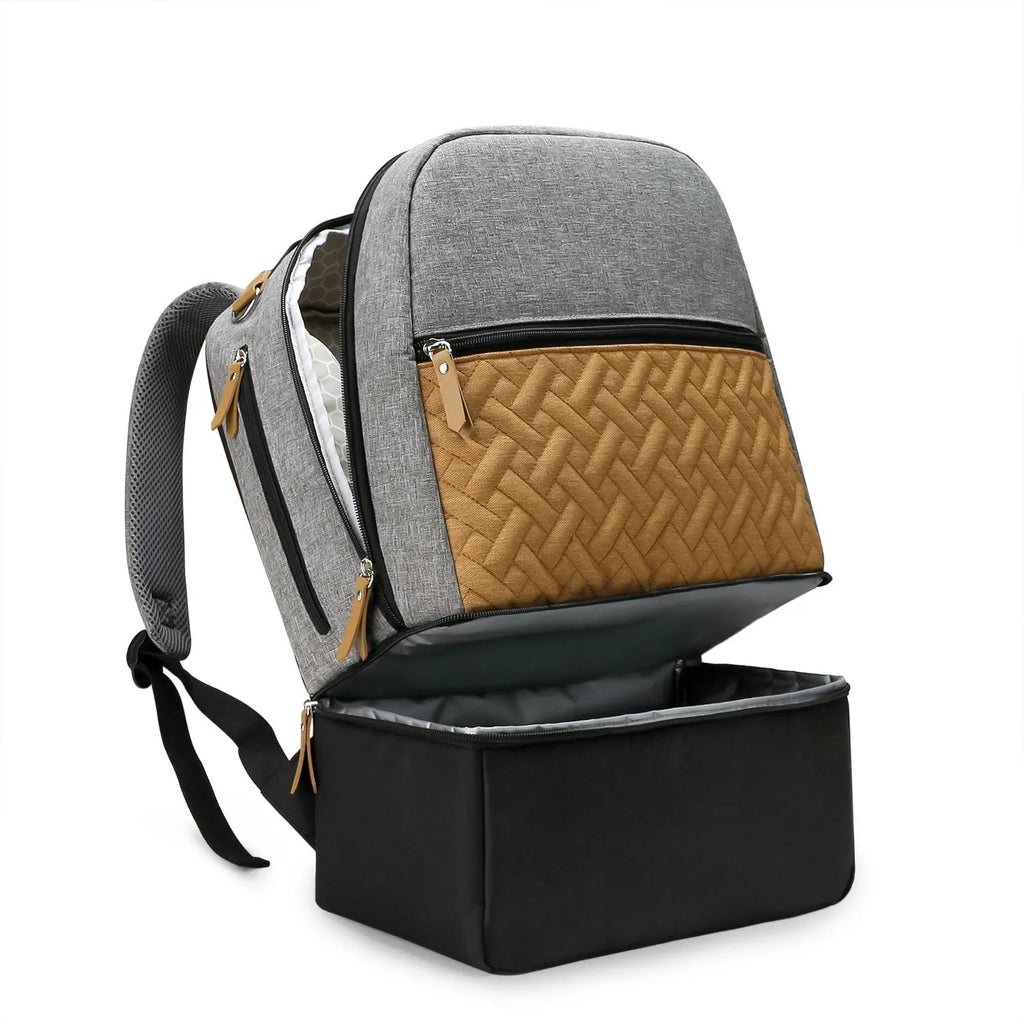 Grey insulated mother and child travel backpack with curved shoulder straps and multiple compartments