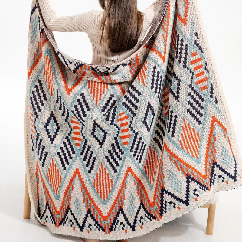 Acrylic sofa blanket with tassels in geometric pattern colour option
