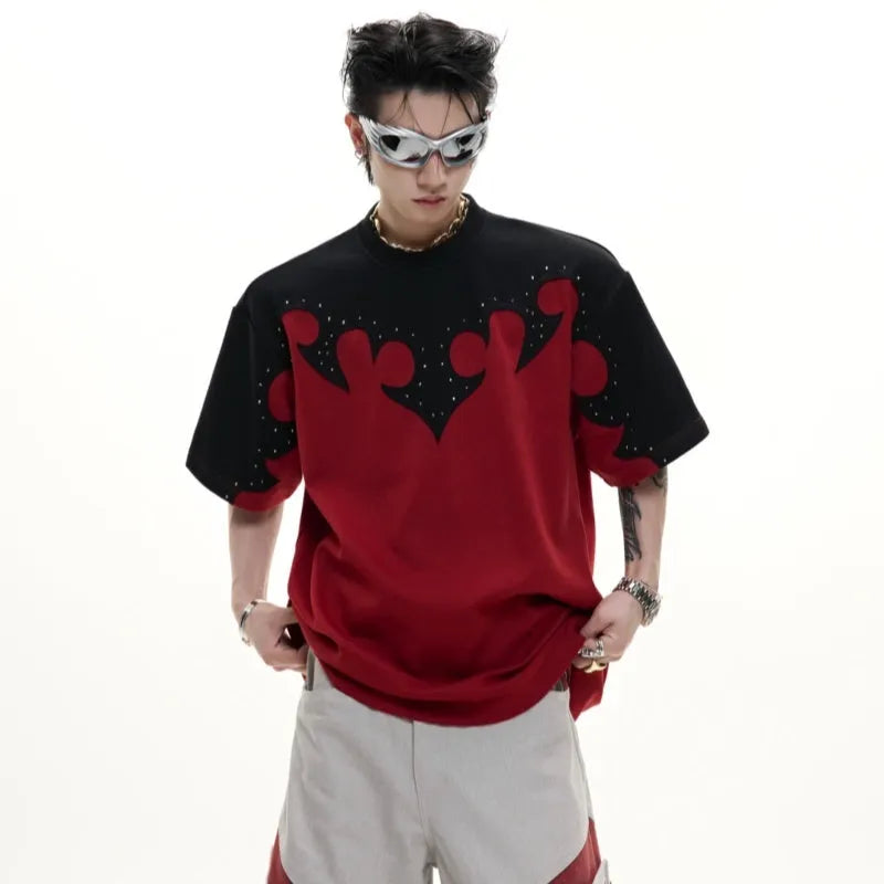Men's loose grey cotton T-shirt with 3D stitching and rhinestone flower design on the front.
