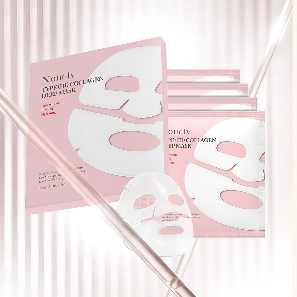 Collagen layered patch mask four-pack box with sheet masks for face and neck application
